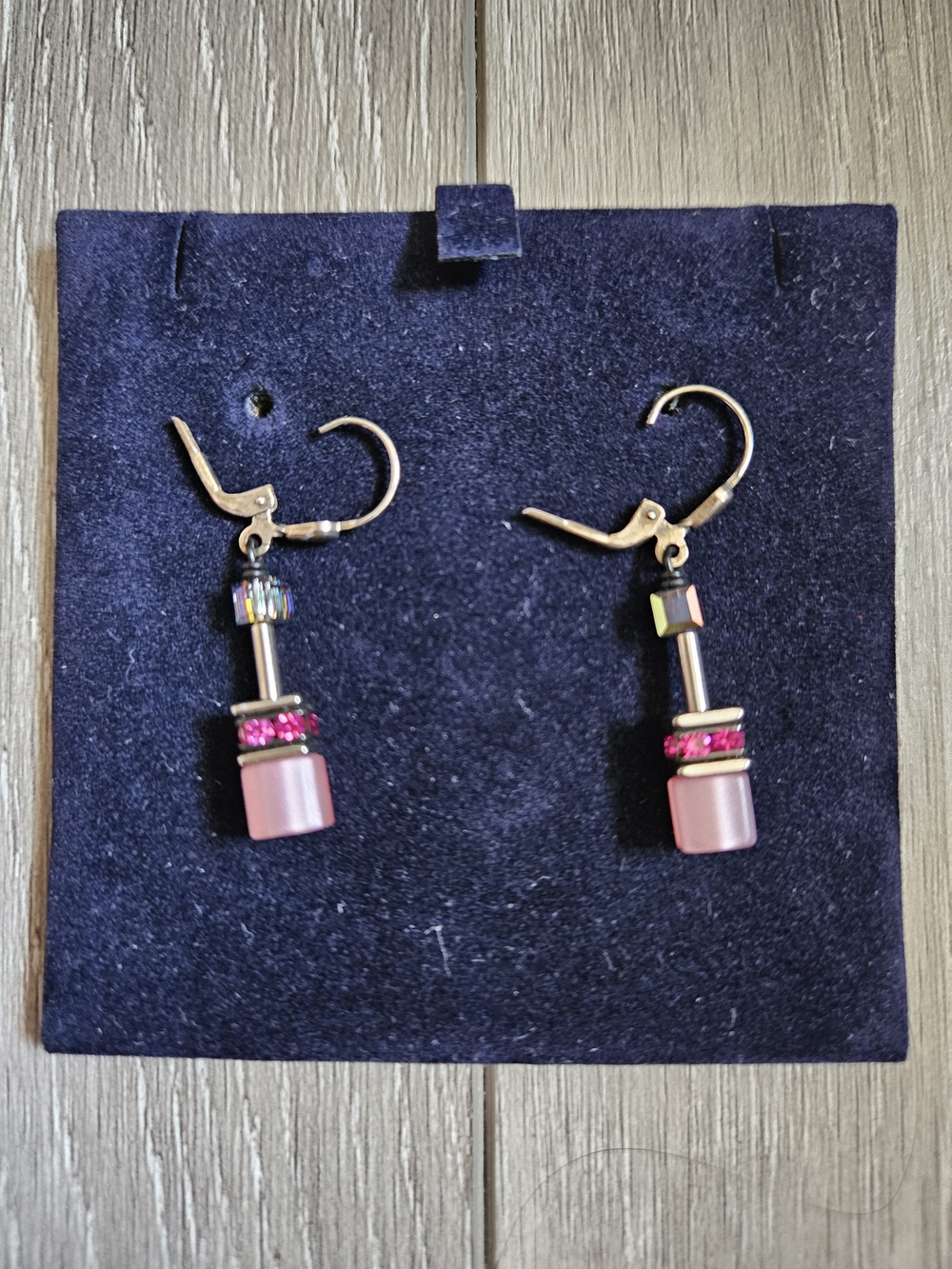 Pink and Silver Drop Earrings with Iridescent Crystal Accents